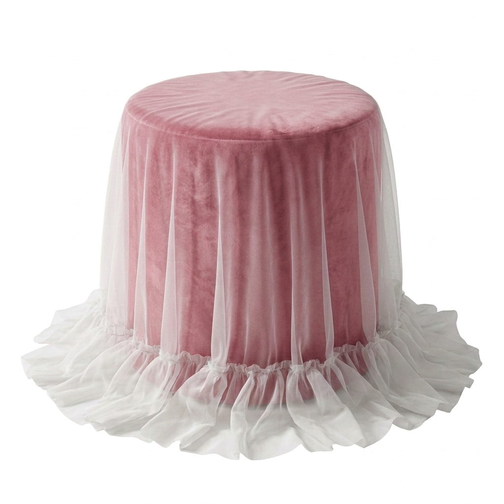 Пуфик "Фуфик" мини с вуалью розовая сакура бархат - Фото миниатюра 1