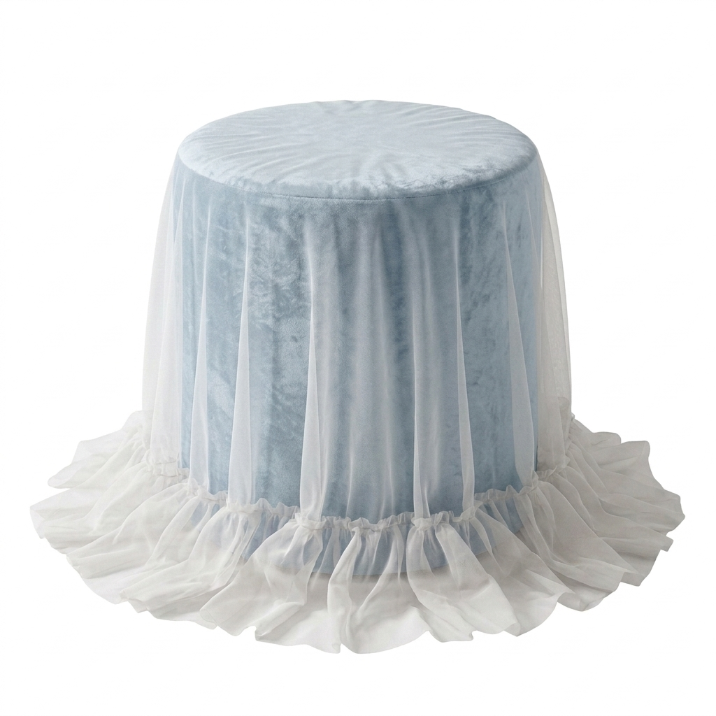 Пуфик "Фуфик" мини с вуалью голубой сапфир бархат - Фото миниатюра 1