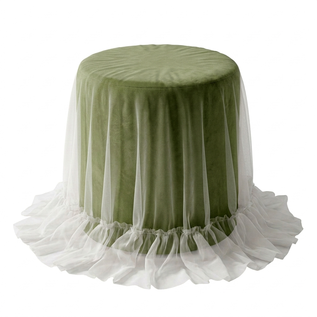 Пуфик "Фуфик" мини с вуалью зеленый чай бархат - Фото миниатюра 1