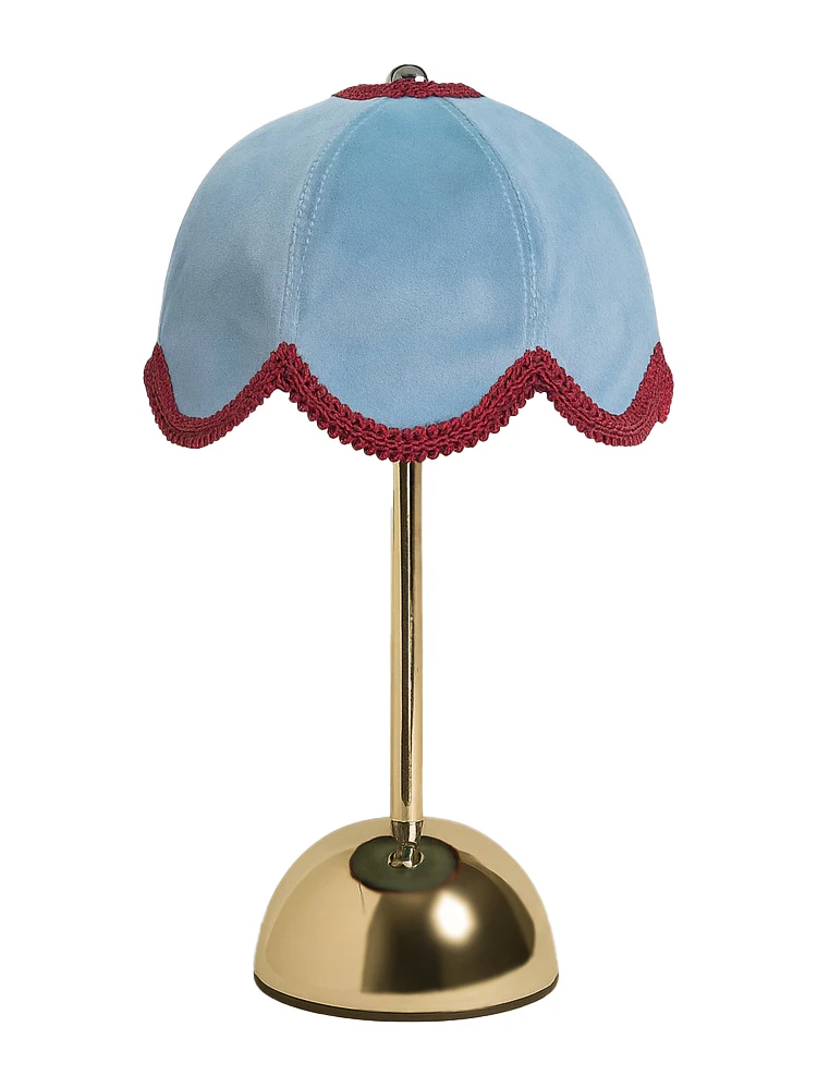 Лампа Дом Цветочек, золото + голубой велюр + бордовая тесьма,