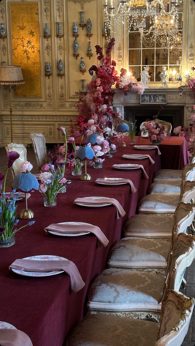 Лампа Дом Цветочек, золото + голубой велюр + бордовая тесьма,