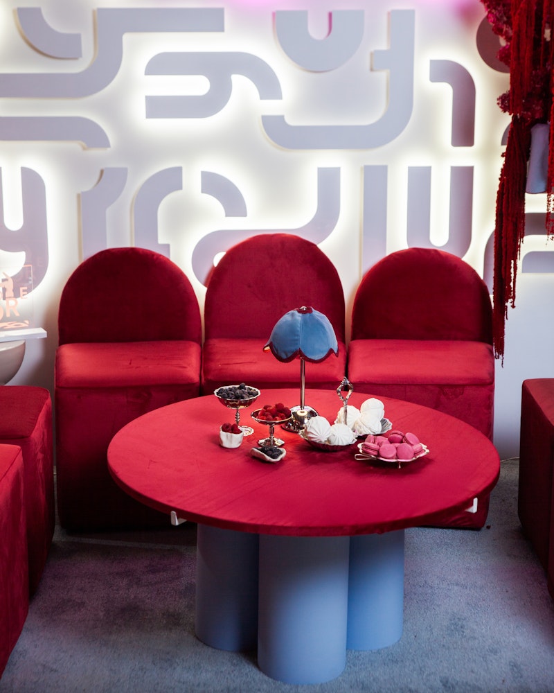 Лампа Дом Цветочек, голубой велюр + бордовая тесьма