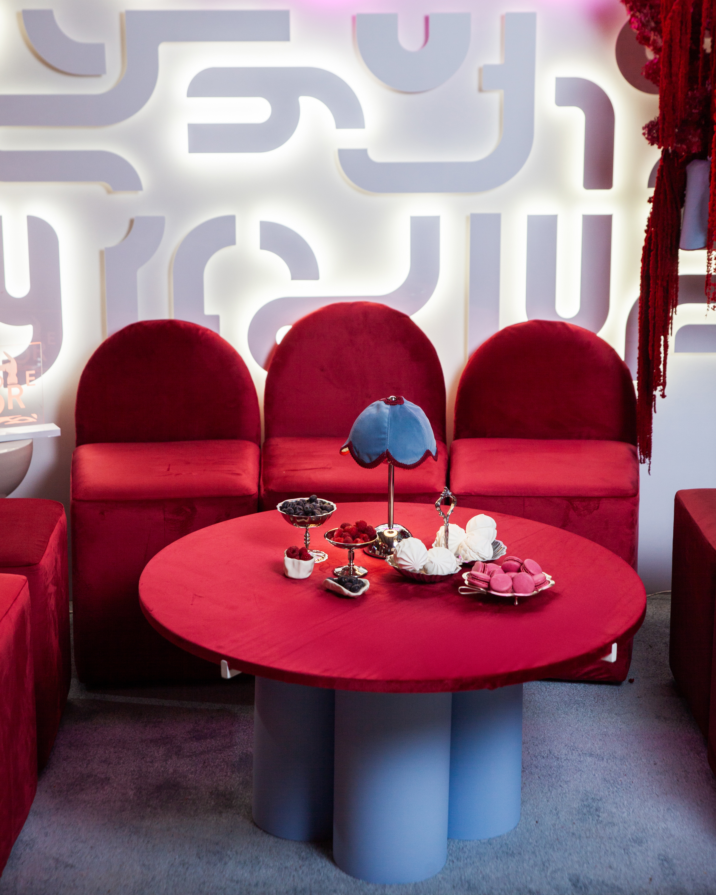 Лампа Дом Цветочек, голубой велюр + бордовая тесьма - Фото миниатюра 3