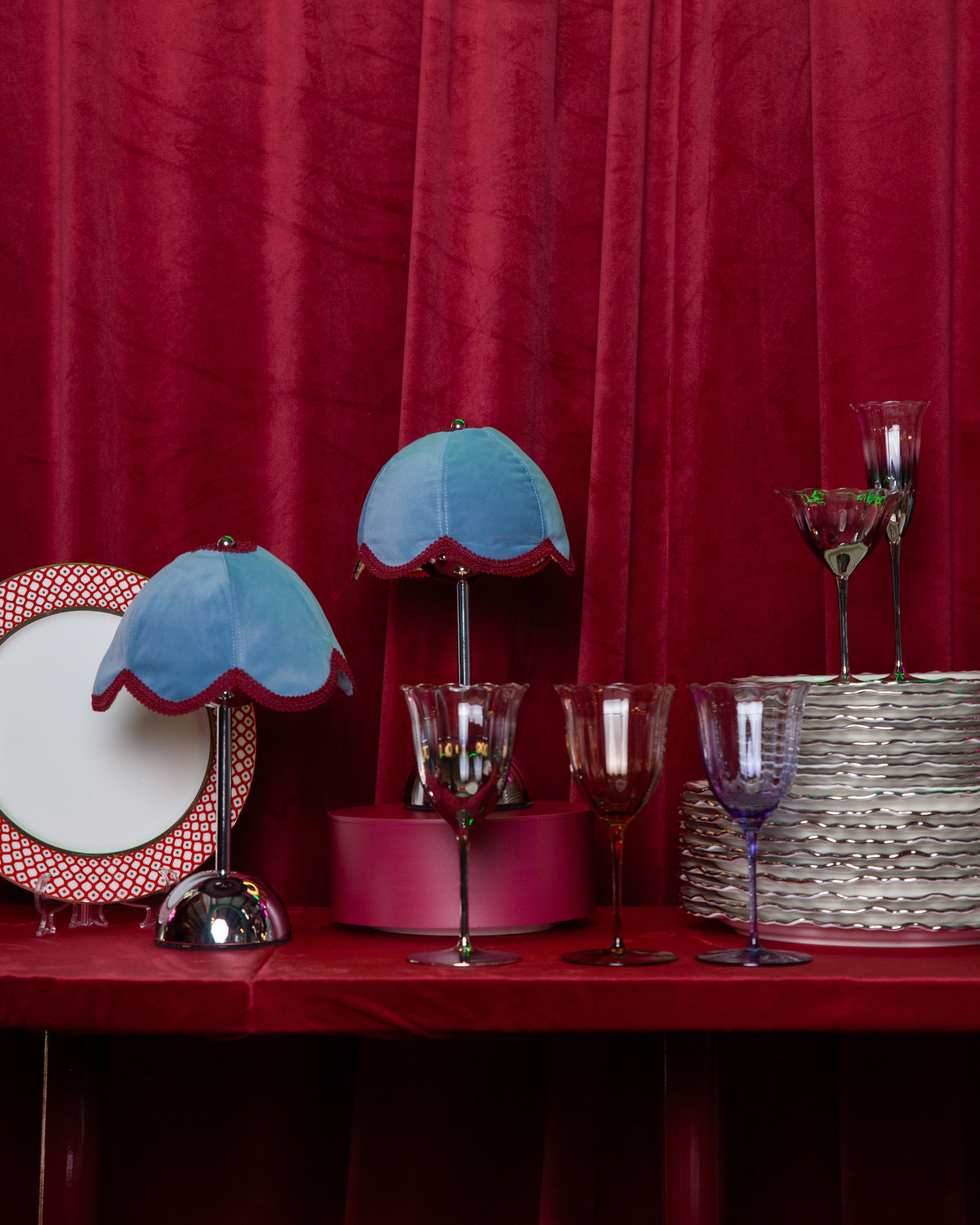 Лампа Дом Цветочек, голубой велюр + бордовая тесьма - Фото миниатюра 5