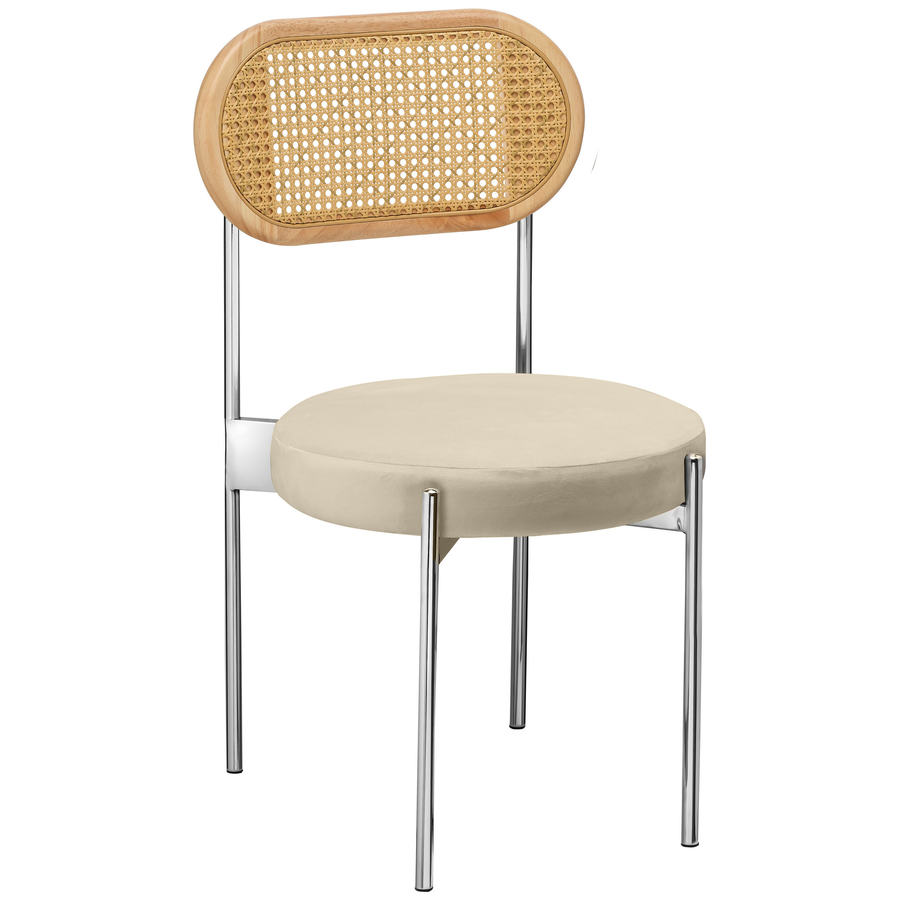 Стул «Тотем» серебряный, сливочно-молочный бархат с ротанговой спинкой натуральной - Фото миниатюра 1