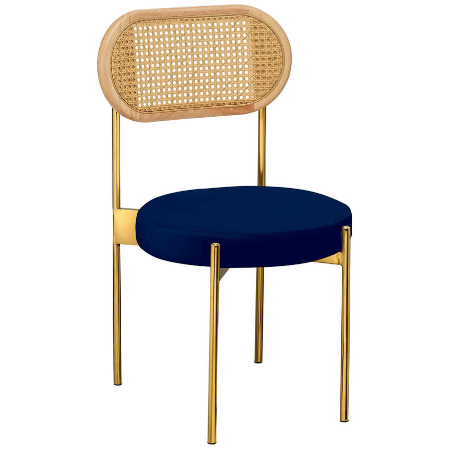 Стул «Тотем» золотой, синий бархат с ротанговой спинкой натуральной - Фото миниатюра 1