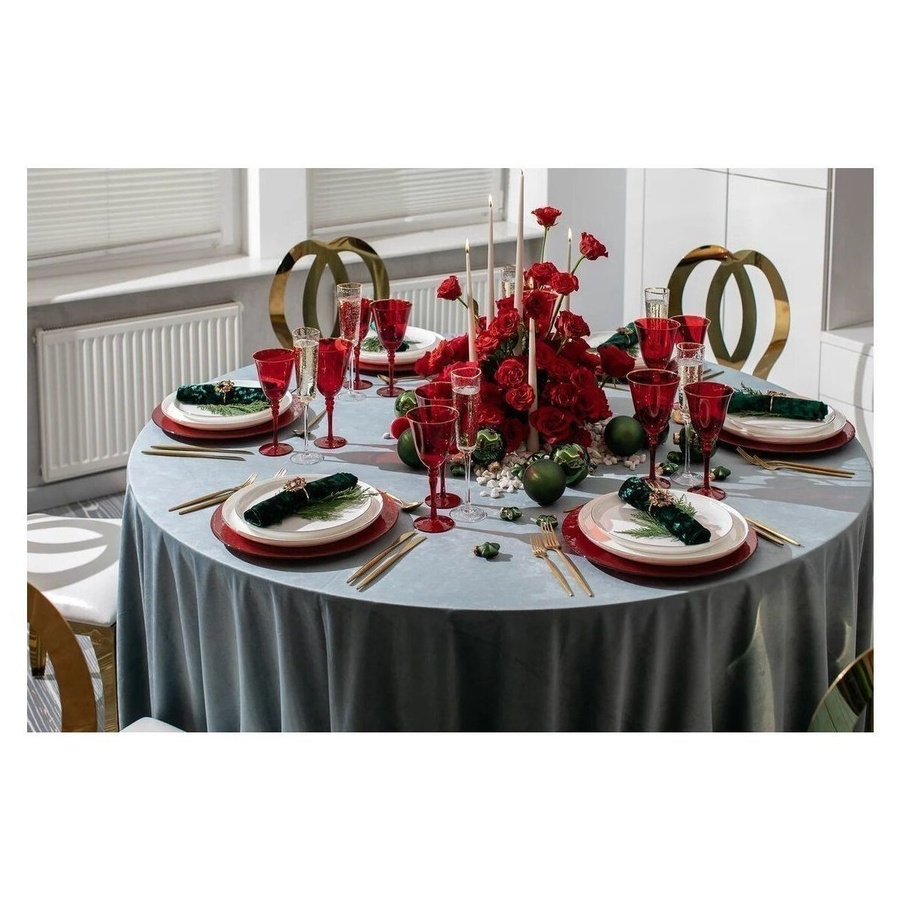 Скатерть прямоугольная широкая серо-голубая бархатная - Фото миниатюра 2