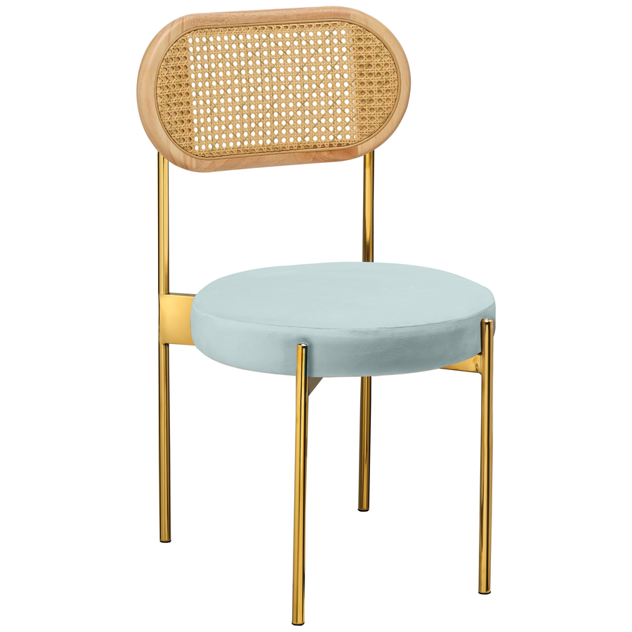Стул «Тотем» золотой, голубой бархат с ротанговой спинкой натуральной - Фото миниатюра 1
