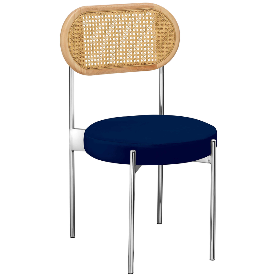 Стул «Тотем» серебряный, синий бархат с ротанговой спинкой натуральной - Фото миниатюра 1