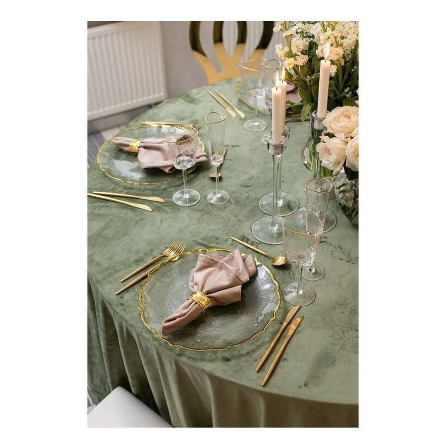 Скатерть прямоугольная широкая бархатная пыльно-зеленая - Фото миниатюра 2