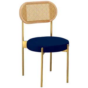 Стул «Тотем» золотой, синий бархат с ротанговой спинкой натуральной