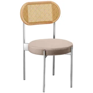 Стул «Тотем» серебряный, серо-бежевый теплый бархат с ротанговой спинкой натуральной