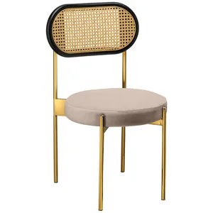 Стул «Тотем» золотой, серо-бежевый теплый бархат с ротанговый спинкой черной