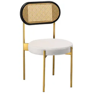 Стул «Тотем» золотой, белый теплый бархат с ротанговый спинкой черной