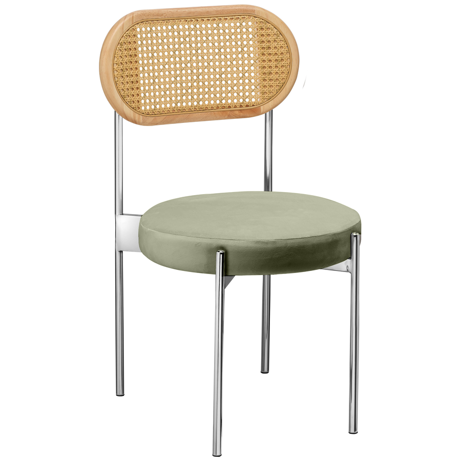 Стул «Тотем» серебряный, пыльно-зеленый бархат с ротанговой спинкой натуральной - Фото миниатюра 1