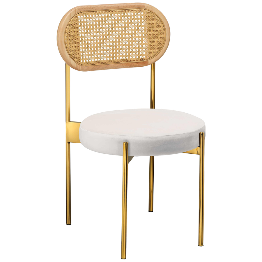 Стул «Тотем» золотой, белый теплый бархат с ротанговой спинкой натуральной - Фото миниатюра 1