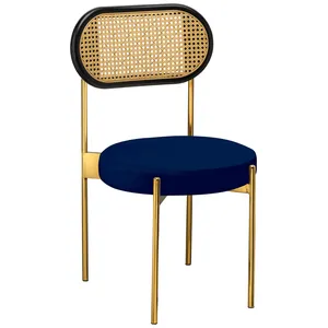 Стул «Тотем» золотой, синий бархат с ротанговый спинкой черной