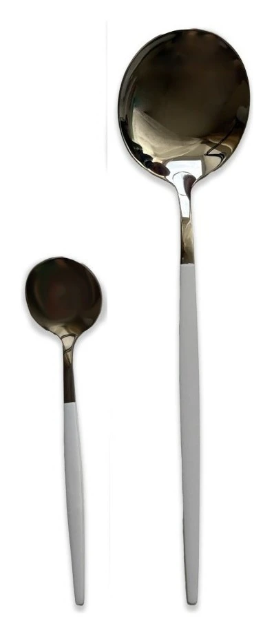 Столовая и десертная ложки, бело-серебряные