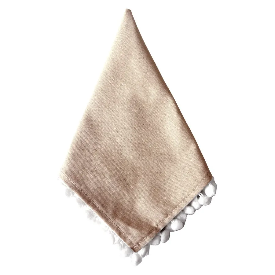 Салфетка из смесового льна, Бежевая с помпонами - Фото миниатюра 1