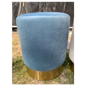 Пуф Цилиндр Золотой обод, серо-голубой велюр - Фото 2