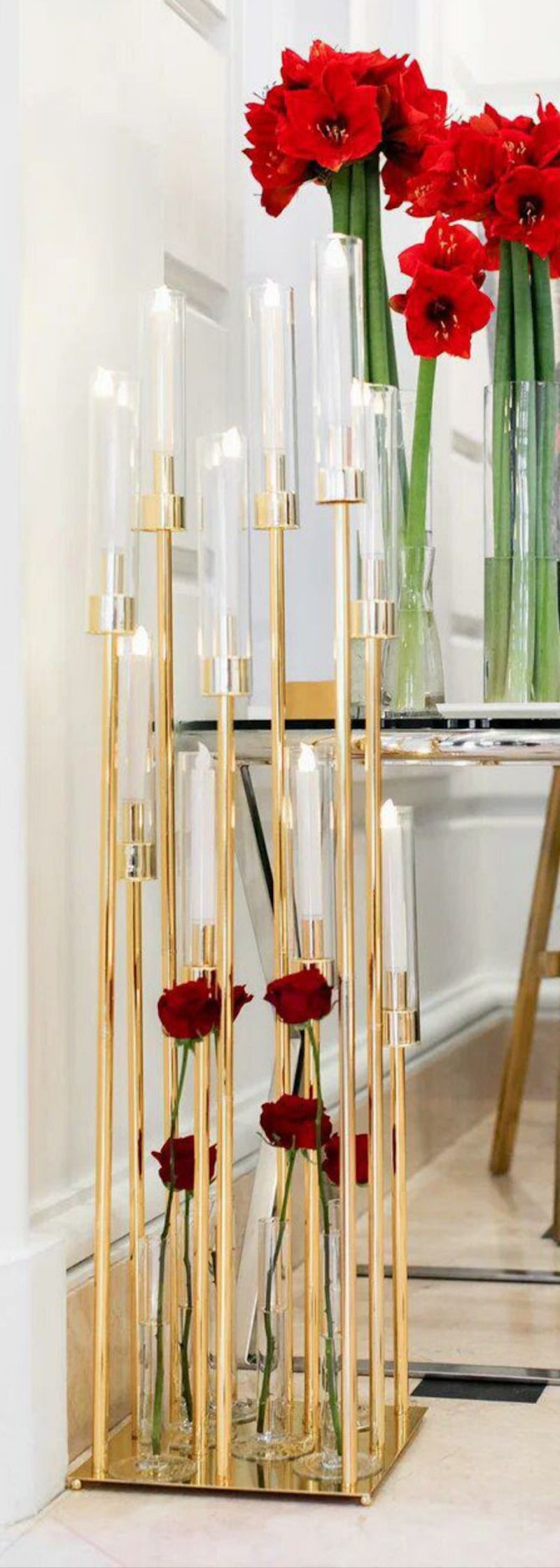 Канделябр золотой со стеклянными колбами Виктори (10 стоек)